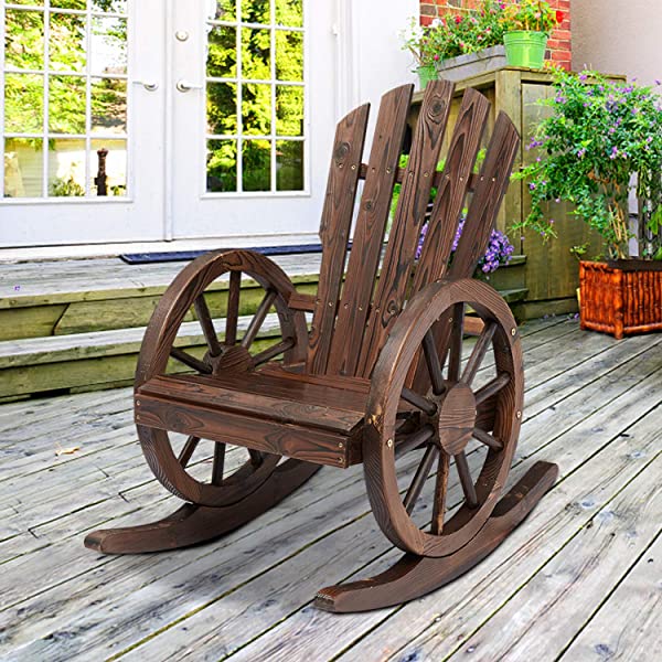 Kinsunny Rustic Wood Wagon Rocking Chair Outdoor Patio Lounge Rocker Set with Wheel Armrest for Garden, Country, Yard 1pc