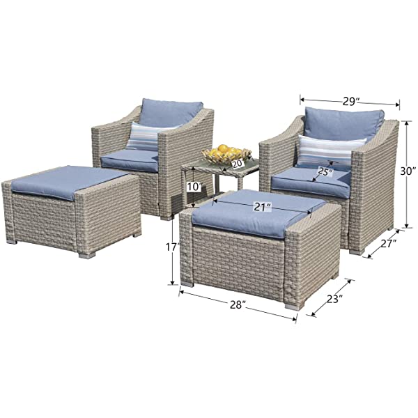 COSIEST 5-Piece Outdoor Furniture Lounge Set Warm Gray Wicker Sectional Sofa w Thick Cushions, Glass-Top Table, 2 Ottomans, 2 Teal Pattern Pillows for Garden, Pool, Backyard