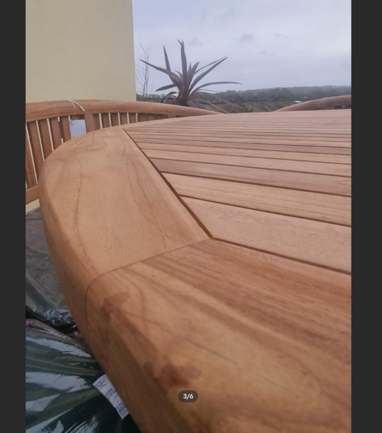 Teak garden dining set. 1.8m “Titan” round table, 4 bowwood style seats