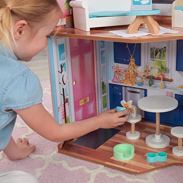 KidKraft Matilda Wooden Dollhouse with EZ Kraft Assembly, Balcony, Movable Staircase and 23 Accessories, Gift for Ages 3+ , Pink