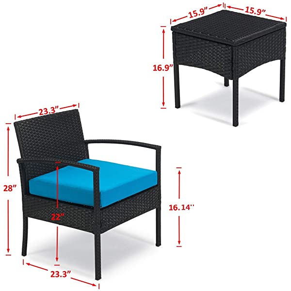 PROHIKER 3 PCS Patio Rattan Conversation Chair Set, 3 PCS Patio Wicker Rattan Furniture Set, Patio Wicker Rattan Table Red