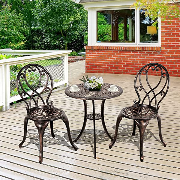 Patiorama 3 Piece Patio Bistro Set, Outdoor Cast Aluminum Furniture Set, All Weather Rust-Resistant Conversation Set w/Umbrella Holen, Antique Finish, Copper