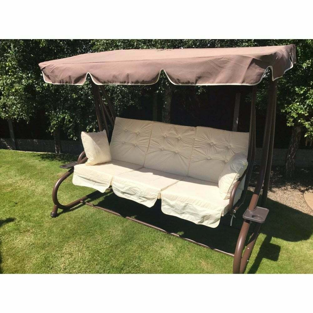 3 Seat Swing Hammock Bed Heavy Duty Garden Bench Patio Brown Cream Seat