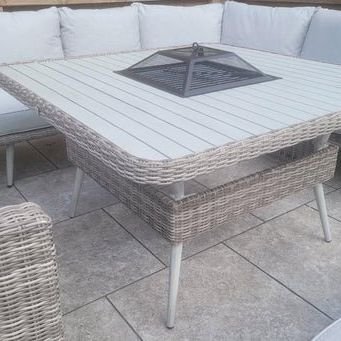 Weave Garden Furniture Danielle Grey Rattan U Shaped Corner Sofa Dining Set with FireDrinks Pit