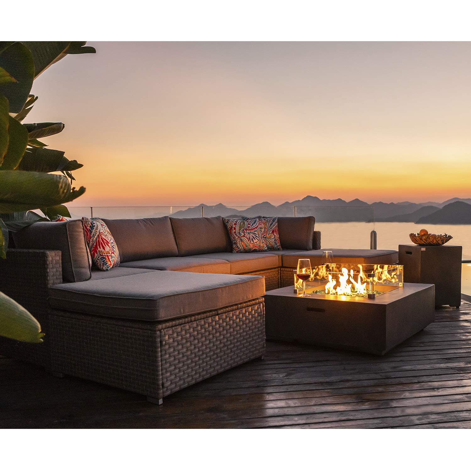 【Home&Garden】8-Pc Fire Pit Table Outdoor Furniture Sofa, Wicker Cushion Sectional w Celadon Fire Heater