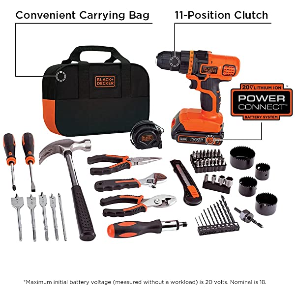 BLACK+DECKER 20V Max Drill & Home Tool Kit, 68 Piece (LDX120PK) 20V Home Tool Kit