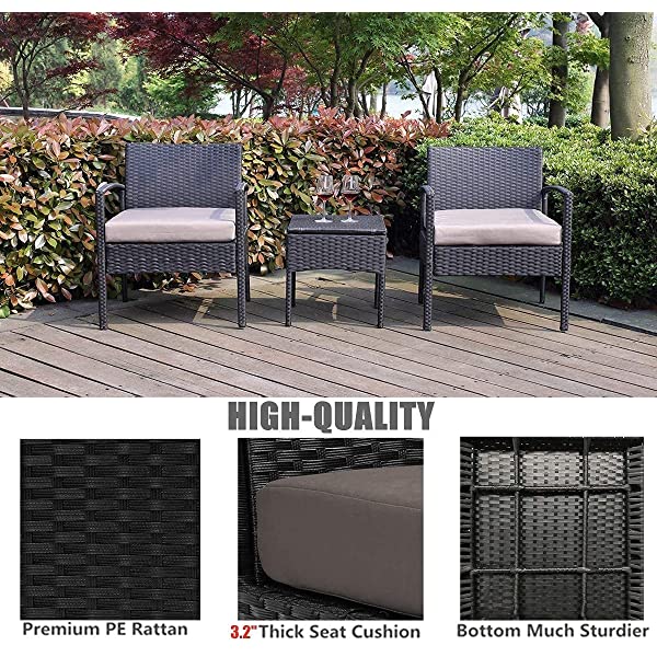 PROHIKER 3 PCS Patio Rattan Conversation Chair Set, 3 PCS Patio Wicker Rattan Furniture Set, Patio Wicker Rattan Table Brown