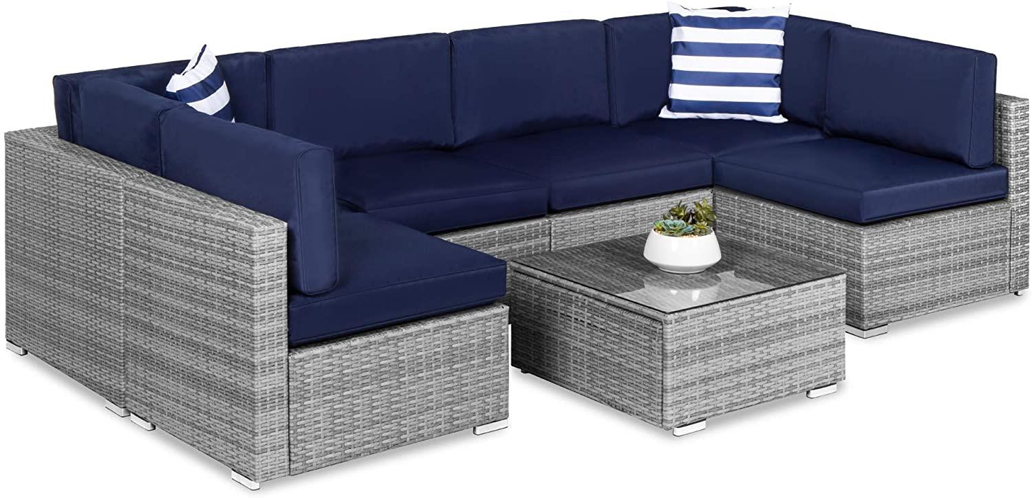 Best Choice Products 7-Piece Modular Outdoor Sectional Wicker Patio Furniture Conversation Sofa Set w/ 6 Chairs, 2 Pillows, Seat Clips, Coffee Table, Cover Included - Gray/Navy