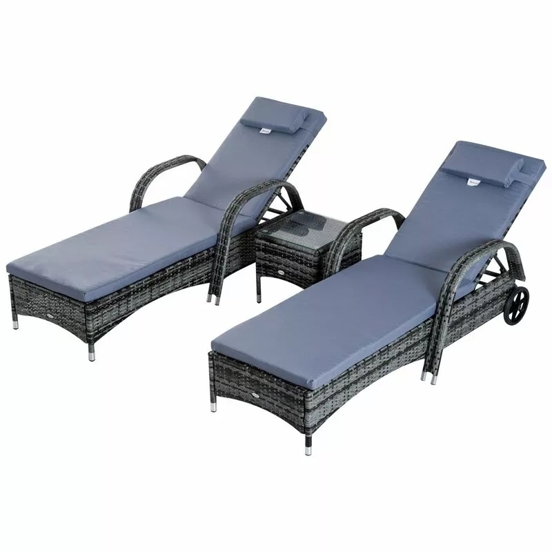 200CM LONG RECLINING SUN LOUNGER SET WITH CUSHIONS AND TABLE