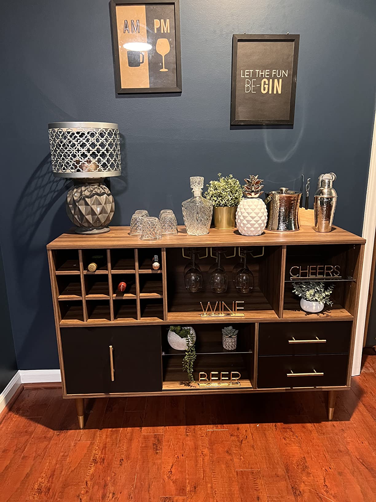 【Furniture】Accent Kitchen Buffet Sideboard with Storage, Wood Cabinet Server Cupboard with 12 Wine Bottle Rack